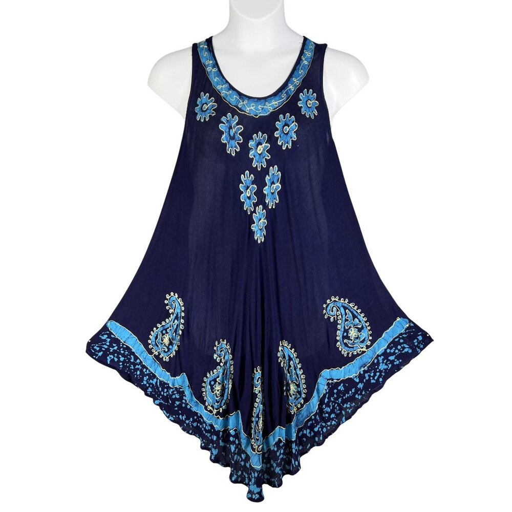 Gypsie Blu Boho Womens OSFM Blue Gauze Tank Tunic Dress Floral Handkerchief Hem